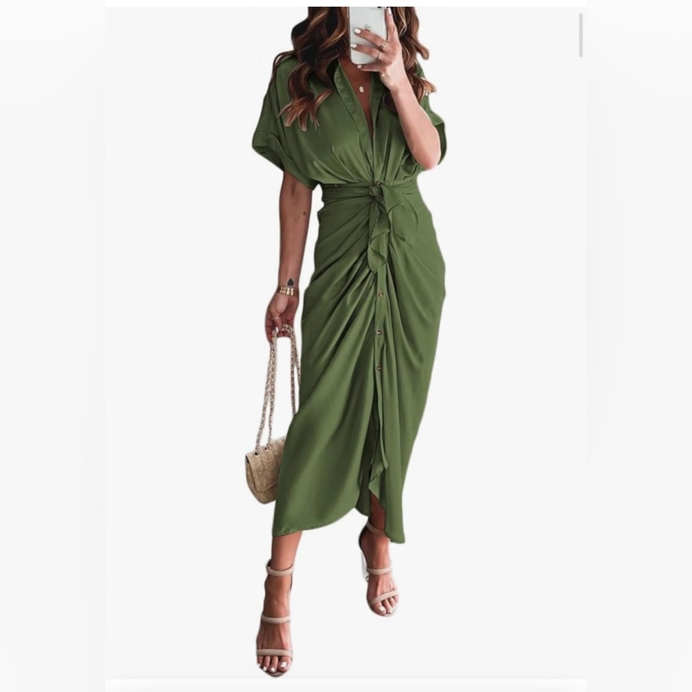 Green, form flattering dress, button down/wrap belt